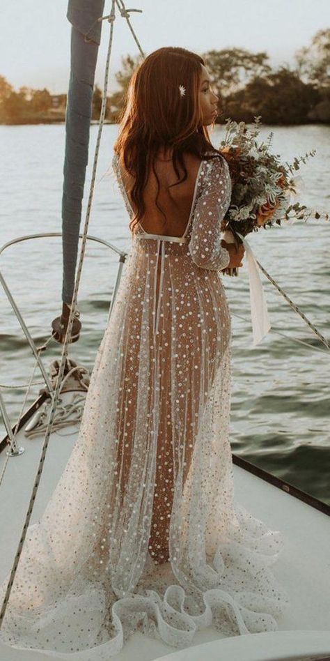 Amazing Boho Wedding Dresses With Sleeves ★ #bridalgown #weddingdress Vow Renewal Dress 25th Anniversary, Silver Wedding Dresses, Boho Wedding Dresses With Sleeves, Greek Wedding Dresses, Silver Wedding Dress, Dresses With Sleeves Wedding, Peach Gown, Lesbian Weddings, Boho Wedding Dresses