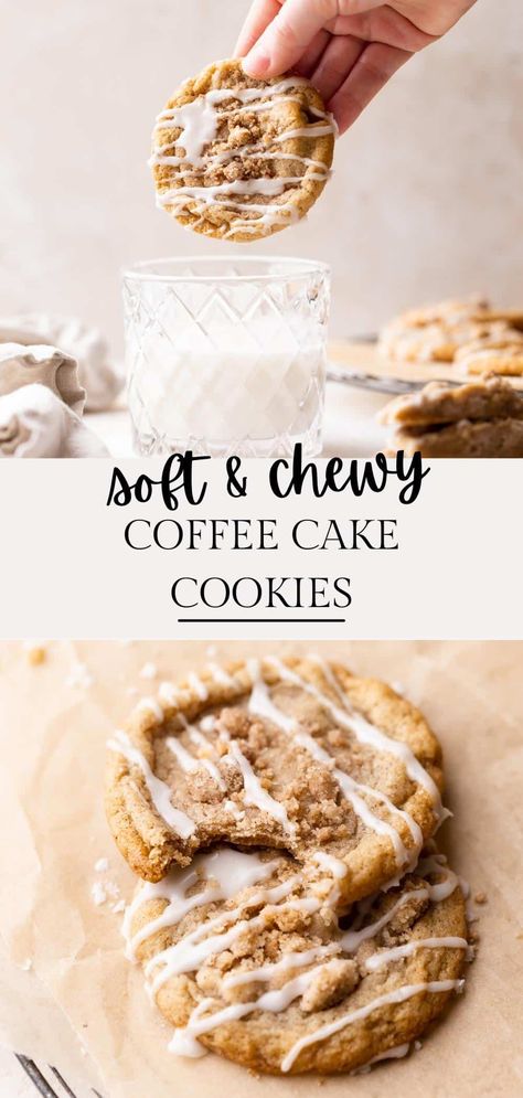 These quick and easy coffee cake cookies are packed full of brown sugar, crunchy cinnamon sugar crumbs, and drizzled with vanilla glaze! Oat Cookies Healthy, Cookie Recipes Oatmeal, Banana Oatmeal Bread, Coffee Cookies Recipe, Air Fryer Banana, Easy Coffee Cake, Coffee Cake Cookies, Banana Oat Cookies, Cookies Healthy