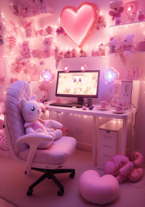 Pink Gaming Setup, Enchanting Room, Toys Aesthetic, Games Room Inspiration, Kawaii Room Ideas, Kawaii Bedroom, Otaku Room, Gamer Room Decor, Pink Room Decor