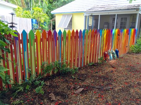 Yellow Fence, Painted House, Coconut Grove, Yard Ideas, Blue Orange, Front Yard, Fence, Wind Sock, Yard