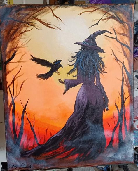 Woods Acrylic Painting, Witch Artwork, Witch In The Woods, Class Painting, Halloween Canvas Art, Witch Painting, Halloween Wallpaper Cute, Canvas Drawing, Halloween Artwork