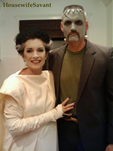 Halloween DIY costumes, Frankenstein's monster, bride of Frank, best couple's costume ever Bride Of Frankenstein Costume Diy, Frankenstein Costume Diy, Halloween Diy Costumes, Stroller Costume, Couple's Costume, Bride Of Frankenstein Costume, Costume Family, Frankenstein Costume, Carriage Stroller