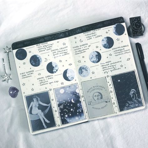 Moon Phases Journal Page, Scrapbook Moon Theme, Astrology Junk Journal, Witch Art Journal, Witchy Art Journal, Moon Art Journal, Celestial Bullet Journal Theme, Grimoire Junk Journal, Journal Moon Theme