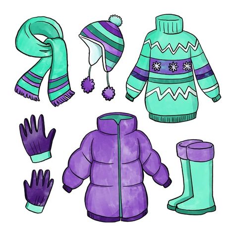 Watercolor winter clothes and essentials... | Free Vector #Freepik #freevector #watercolor #winter #snow #snowflakes Rainy Season Clothes, Cookie Clothes, Gloves Drawing, Snow Clothes, Party Activities Kids, Clay Christmas Decorations, Clothes Illustration, Wall Art Tutorial, English Learning Books