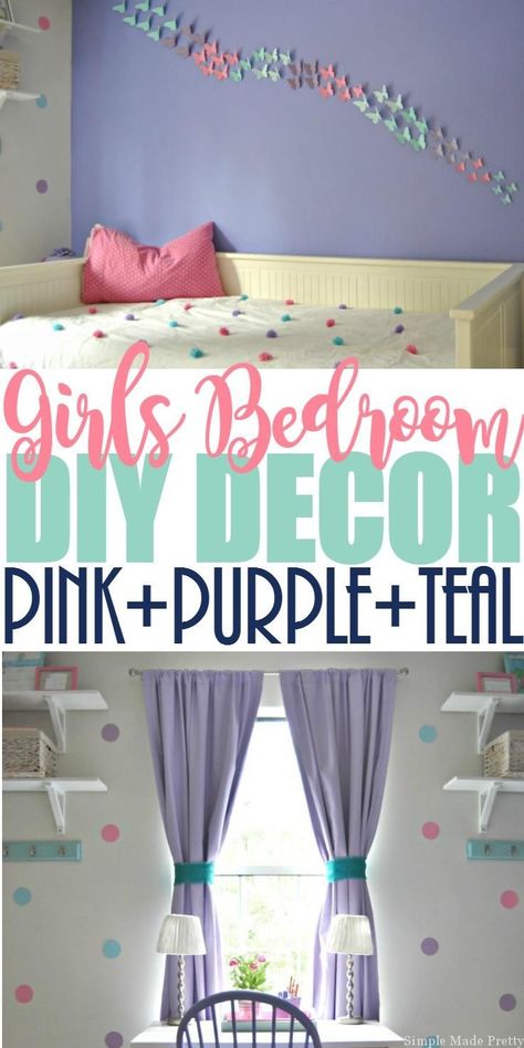 Update a girl's bedroom with this Girls Bedroom Decor with a Purple, Pink, and Teal Theme. This girls purple bedroom decor is mostly DIY bedroom decor projects made using my Cricut Explore, paint, cardstock, and other inexpensive materials. We went with a Teal bedroom theme so it wasn't purple overload. We incorporated a Pink bedroom theme because our daughter had so many leftover pink decor items since her previous bedroom was pink. Teal Girls Room, Teal And Pink Bedroom, Pink And Purple Bedroom, Kids Room Paint Colors, Purple Girls Bedroom, Girls Bedroom Paint, Purple Bedroom Decor, Bedroom Purple, Diy Girls Bedroom