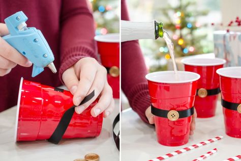 Dress up red Solo cups with black ribbon and buttons. Christmas Party Friends, Hosting Christmas Party, Hosting Hacks, Christmas Pajama Party, Girls Christmas Party, Holiday Party Ideas, Christmas Party Ideas, Diy Christmas Party, Adult Christmas Party