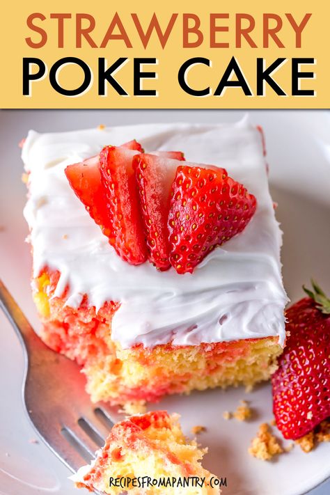 Is there anything better than taking a bite into a moist and delicious classic Strawberry Poke Cake? It’s light and fluffy and packed with so much strawberry flavor. This Strawberry Jello Poke Cake is made with fresh strawberries and frosting. This nostalgic cake is perfect for bringing to potlucks and serving at all the summertime celebrations and gatherings. Click through to get the best Strawberry Poke Cake Recipe! #StrawberryPokeCake #cakerecipe #cake #dessert #pokecake #strawberrydesserts Strawberry Poke Cake Jello, Strawberry Poke Cake Recipe, Ww Strawberry Poke Cake, Strawberry Milkshake Poke Cake, Strawberry Lemonade Poke Cake, Strawberry Jello Poke Cake, Strawberry Jell-o Poke Cake, Strawberry Poke Cake, Jello Poke Cake