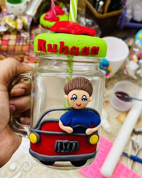 Glass madon jar 🩷 Can be customise with any theme or color. Comes with stainless steel reusable straw Air dry clay work #claywork #clayglass #polyclay #giftsforher #giftsforher #giftsforkids #kidsbottle #birthdayfavors #birthdaygift #customisedplate #customisedjars #foryoupage #claywork Kids Bottle, Clay Work, Birthday Gif, Reusable Straw, Dry Clay, Birthday Favors, Air Dry Clay, Air Dry, Gifts For Kids