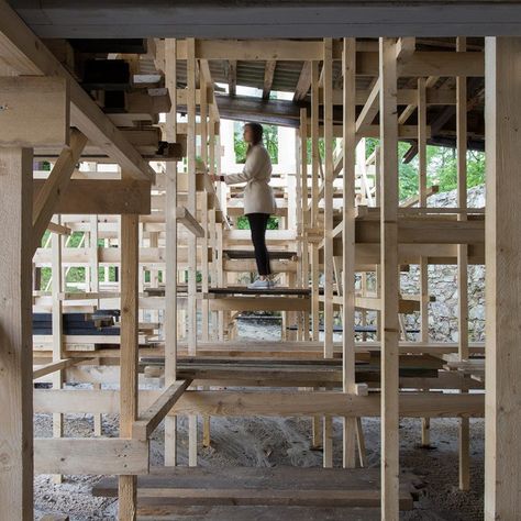 The Archive by Mailitis AIIM Wooden Scaffolding, Chinese Buildings, Timber Planks, Architect Student, Japanese Home Design, Recycled Brick, Temporary Structures, Pavilion Design, Religious Architecture