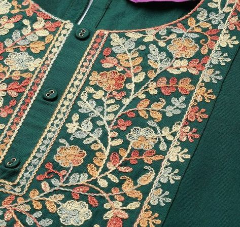 Buy Indian Winter Woolen Kurta Green Embroidered Yoke Design Online in India - Etsy Kashmiri Kurta, Tunic Kurti, Yoke Design, Ethnic Design, Straight Kurta, Long Tunic, Hand Work, Embroidery And Stitching, Office Work