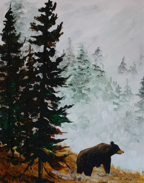 Black Bears Art, Pine Tree Painting, Bear Paintings, Paint Parties, Cute Canvas Paintings, Bear Art, Night Painting, Aesthetic Painting, Painting Art Projects