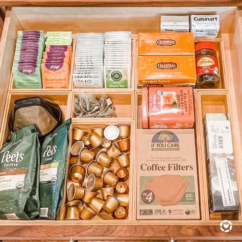 Coffee Tea Drawer Organizer, Coffee Bar Drawer, Coffee Drawer Organization, Tea Drawer, Coffee Tea Station, Coffee Drawer, Organized Coffee Station, Soda Bar, Peets Coffee