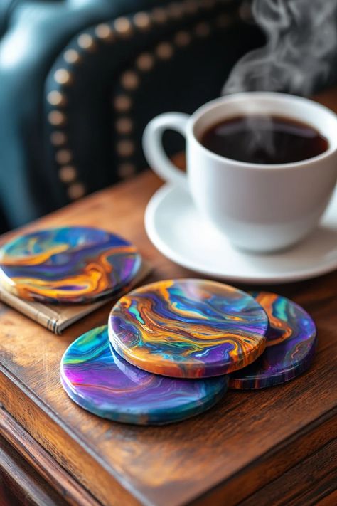 An engaging tutorial on making unique resin coasters and decorative pieces suitable for home decor. Features 1 image showcasing crafting activities with brightly colored resin mixtures. Resin Coaster Tutorial, Resin Coasters Ideas, Diy Resin Coasters, Wall Art Resin, Personalized Home Decor, Resin Wall Art, Resin Coasters, Silicone Mat, Diy Resin Art