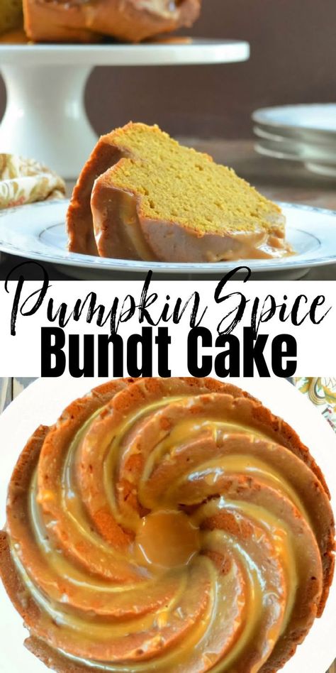 2 photos the top photo is of a slice of Pumpkin Spice Bundt Cake in a white plate with the cake in a platter to the left side of photo. The bottom photo is a photo shot above looking down of a Pumpkin Bundt Cake drizzled with caramel icing on a white cake plate. There is a white banner between the two photos with black letters Pumpkin Spice Bundt Cake. Pumpkin Bundt Cake Recipes, Pumpkin Pound Cake, Pumpkin Bundt, Pumpkin Bundt Cake, Pumpkin Cake Recipes, Pumpkin Spice Cake, Slow Cooker Desserts, Cupcake Flavors, Bundt Cakes Recipes