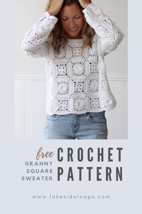 Modern twist on a crochet classic! This beautiful granny square sweater is classy, boho chic, and (most excitingly) perfect for all 4 seasons! Crochet yours with cotton yarn and take advantage of the naturally spaced stitches for a lightweight Spring layer or breathable Summer cover up . . . or use acrylic or wool for a heavier more cozy Fall & Winter feel. Either way this pullover is sure to be your next favourite make. Crochet Top Made Of Squares, Easy Cotton Crochet Patterns Free, Crochet Granny Square Pullover Sweater, Crochet Granny Square Sleeves, Crochet Summer Tops Free Patterns Granny Squares, Light Crochet Sweater, Granny Square Crochet Top Pattern, Granny Square Jumper Pattern Free, Crocheted Sweaters Free Pattern