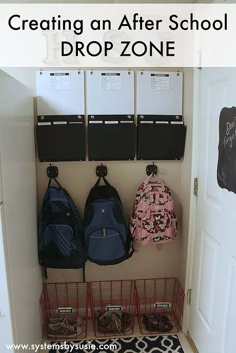 Creating an After School Drop Zone System School Drop Zone, Backpack Station, Entry Organization, Homeschool Room Organization, School Keepsake, Home Command Center, School Storage, Mudroom Organization, Family Command Center