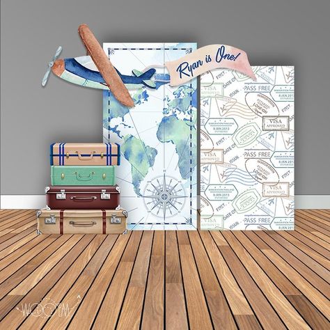 Woo’em Design•Event Signage on Instagram: “Ryan in One! 💙💚 Love this vintage travel set Inquiries: Sunny@wooemdesign.com or shop with me! Check profile for link • • • • #wooemdesign…” Travel Booth Design, Passport Photo Booth, Airplane Drawing, Travel Party Theme, Booth Decor, Animal Drawings Sketches, Birthday Travel, Passport Photo, Event Signage