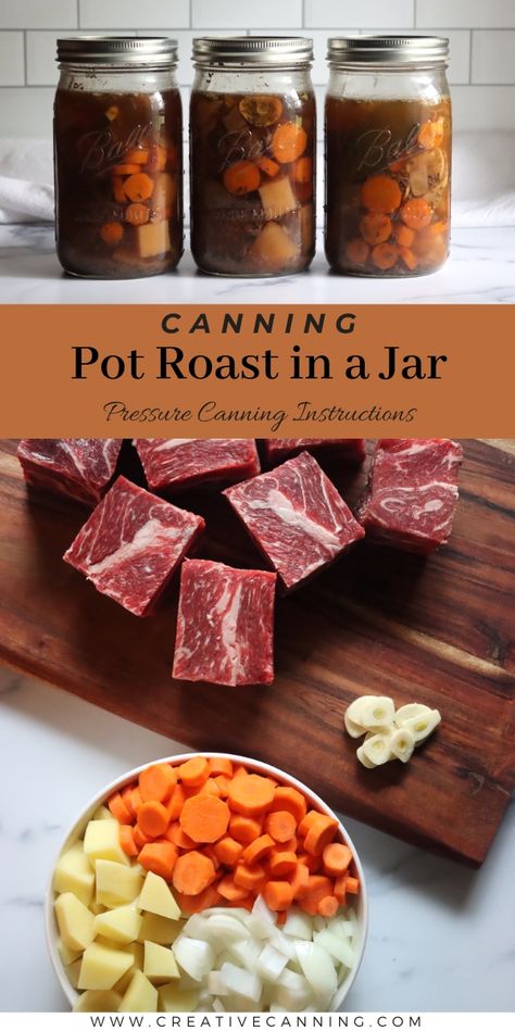 Canning Pot Roast in a Jar Pressure Canning Recipes Meals Dinners, Canning Shelf Life, Canning Pot Roast In A Jar, Canning Pot Roast, Pressure Canner Recipes Meals, Pressure Canning Beef Recipes, Canning Pork Roast, Pressure Canned Meals In A Jar Recipes, Canned Meals In A Jar Recipes