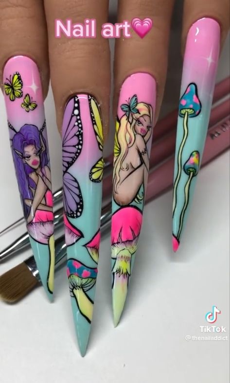 Mushroom Nails Acrylic, Fairy Nails Acrylic, Nail References, Draw Nails, Nails Art Acrylic, Ideas Summer Nails, Nail Inspired, Fairy Nails, Summer Nails Art