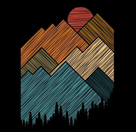 Layered Mountains, Mountain Line Art, Denim Painting, Summer Artwork, Artwork Landscape, Mountain Drawing, Summer Designs, Illustration Simple, Shirt Inspiration