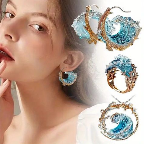 Sea Jewellery Collection exquisite Bohemian - Temu Crystal Jewelry Earrings, Wave Pendant, Sea Jewelry, Marine Theme, Wave Necklace, Ocean Jewelry, Packing Jewelry, Bohemian Necklace, Ocean Wave