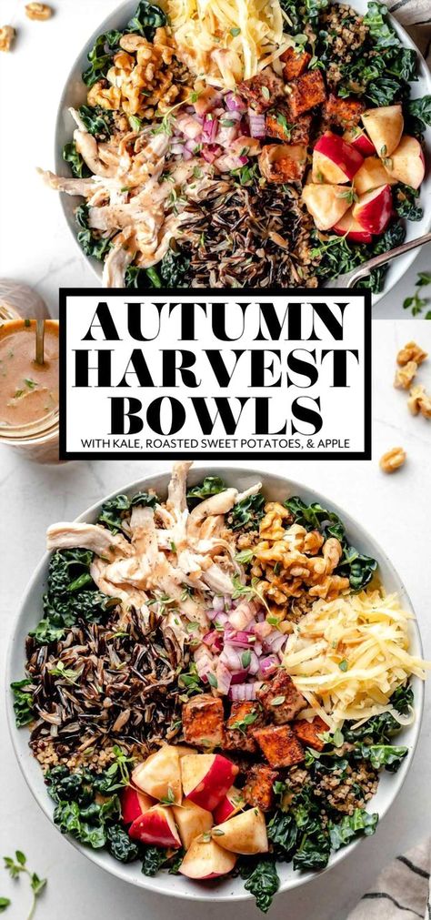 Experience the ultimate comfort with our Autumn Grain Bowls, the coziest kale salad you'll encounter this season. Packed with hearty and nutritious ingredients like kale, wild rice, quinoa, roasted sweet potatoes, apple, and smoked gouda, these bowls are topped off with a luscious cinnamon maple balsamic vinaigrette. Ideal for a wholesome fall dinner, these harvest bowls can be enjoyed warm or chilled. They're perfect for meal prep and can be easily adapted to be vegetarian, vegan, or dairy-free. Maple Balsamic Vinaigrette, Healthy Fall Salads, Fall Vegetables Recipes, Harvest Bowls, Healthy Autumn, Maple Vinaigrette, Maple Balsamic, Grain Bowls, Healthy Grains