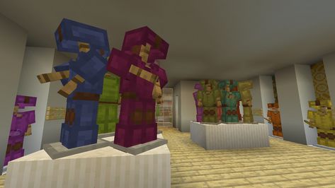 Minecraft Furniture Store, Clothing Shop Minecraft, Armour Shop Minecraft, Minecraft Tailor Shop, Armor Room Minecraft Ideas, Minecraft Leather Armor Dye, Armor Shop Minecraft, Minecraft Armor Room Ideas, Minecraft Dye Shop