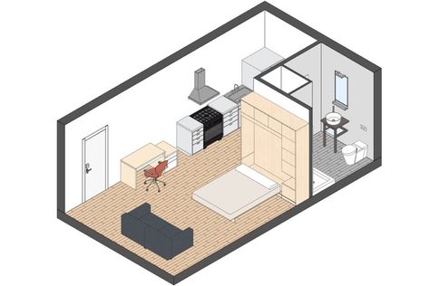 The rise of the micro-apartment | News | Archinect Micro Apartment Layout, Micro Apartments, Studio Apartment Floor Plans, One Room Apartment, Small Apartment Bedrooms, Micro Apartment, Apartment Floor Plans, Bedroom Size, Two Bedroom Apartments