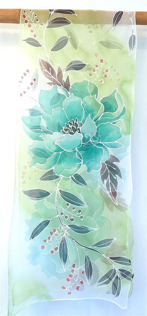 Hand Painted Silk Scarf ETSY Green Silk Scarf Jade Green Silk Painting Techniques, Fabric Painting Techniques, Green Silk Scarf, Saree Painting, Hand Painted Dress, Fabric Painting On Clothes, Fabric Paint Designs, Hand Painted Scarves, Batik Art