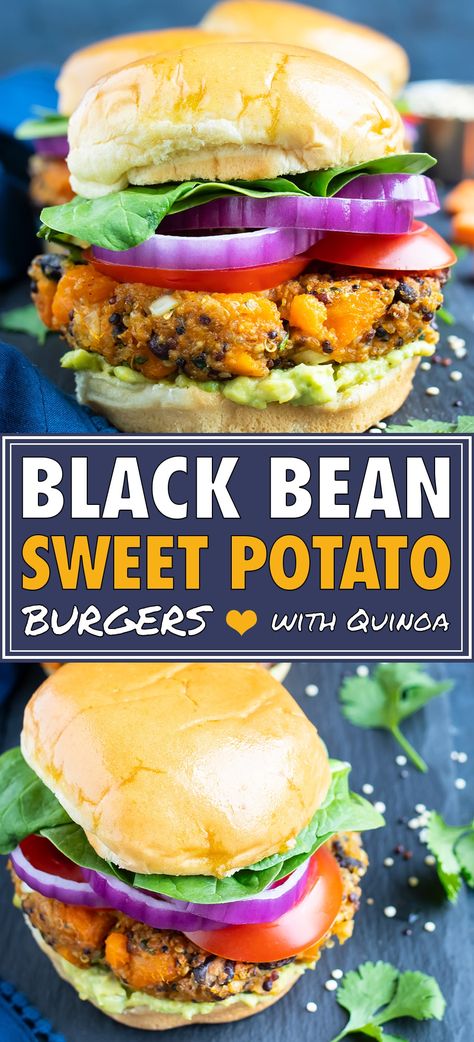 This Sweet Potato Black Bean Burger recipe is made with quinoa, oat flour, and loaded with spices for a healthy and filling veggie burger.   Bake this black bean quinoa burger in the oven, sear it in a skillet, or cook it on the grill.  It's the best gluten-free, vegetarian, and vegan burger option for your summer picnics and barbecues! #sweetpotato #blackbean #veggie #burger #vegan Burger In The Oven, Sweet Potato Black Bean Burger, Bean Burger Recipe, Black Bean Quinoa Burger, Black Bean Burger Recipe, Quinoa Burger, Bean Quinoa, Vegan Burger Recipe, Sweet Potato Burgers