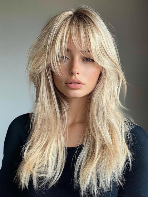 Shag Bangs Long Hair, Long Shag Hairstyles With Bangs, Long Blonde Shag, Long Shag With Bangs, Straight Shag, Haircut Ideas For Long Hair, The Shag Haircut, Blonde Shag, Langer Pony