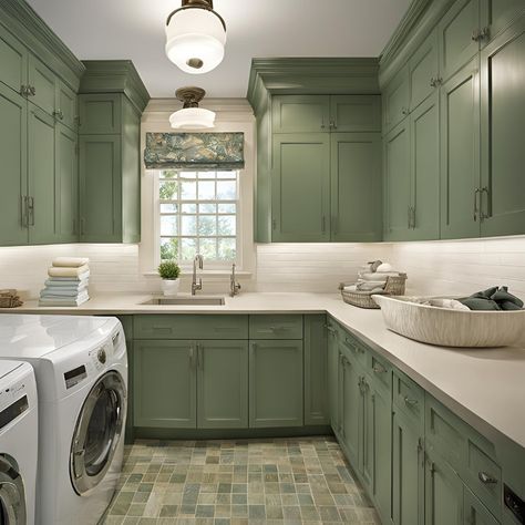 Green with Laundry Envy! ✨ This laundry room is pure glam. Bold cabinets and gold hardware make doing laundry feel luxurious. #LaundryDayDreams Share your laundry room goals in the comments! Green Cabinets Laundry, Green Cabinets Laundry Room, Laundry Room Green, Green Laundry Room, Study Craft, Green Laundry, Warm Kitchen, Farmhouse Laundry Room, Green Cabinets