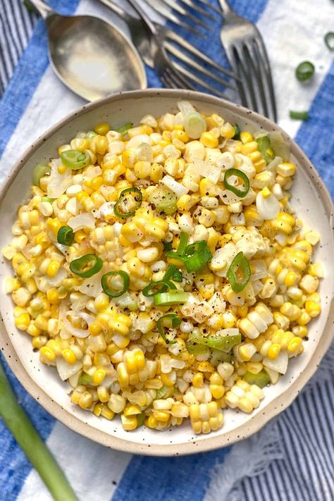 Sautéed Corn with Scallions l Panning The Globe Thanksgiving Side Dishes Corn, Side Dishes Corn, Fresh Corn Off The Cob, Sautéed Corn, Easy Ratatouille Recipe, Corn Off The Cob, Easy Ratatouille Recipes, Fresh Vegetable Recipes, Summer Side Dishes Recipes