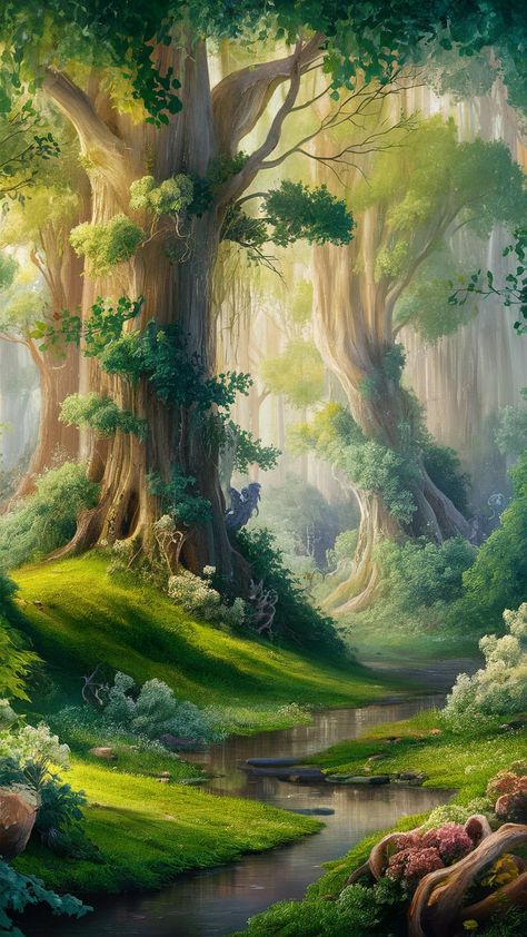 Immerse yourself in the enchanting beauty of a lush woodland with our captivating forest wallpaper. This serene scene features towering trees, dappled sunlight, and a tranquil stream, all infused with Impressionism and Fantasy art elements. Ethereal creatures peek from behind the trees, creating a whimsical atmosphere. Perfect for nature lovers, this magical wallpaper brings the essence of natural beauty to your space. #ForestWallpaper #NatureArt #Impressionism #FantasyArt Serenity Wallpaper, Magical Wallpaper, Dappled Sunlight, Elemental Magic, Dreamy Artwork, Woodland Scene, Fantasy Forest, Forest Wallpaper, Forest Art