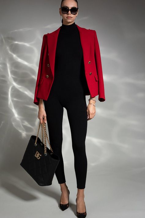 Alexandre Vauthier wool blazer in red. 100% Wool Dry Clean Made in France Red Dress With Black Blazer, Ref Blazer Outfit, Red Office Outfits Women, Red And Black Business Outfit, Red Blazer Black Pants Outfit, Black And Red Womens Outfit, Red Blazer Work Outfit, Red Business Casual Outfits, Blazer And Turtleneck Outfits