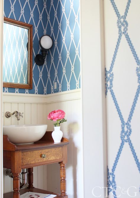 Nantucket Wallpaper, Powder Rooms Ideas, Negative Wallpaper, Bathroom Wallpaper Nautical, Wallpaper Nautical, Anthony Baratta, Nautical Cottage, Powder Room Ideas, Nantucket Home