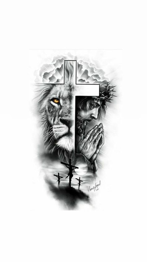 Christus Tattoo, Tattoo Homme, Bible Tattoos, Christian Sleeve Tattoo, Lion Tattoo Sleeves, Christ Tattoo, Lion Head Tattoos, Cross Tattoo For Men, Tattoos Mandala