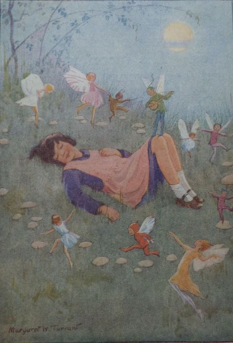 Margaret Tarrant, Fairy Ring, Fairy Illustration, Vintage Fairy, Girl Sleeping, Fairies Elves, Vintage Fairies, Wall Art Nursery, Popular Art