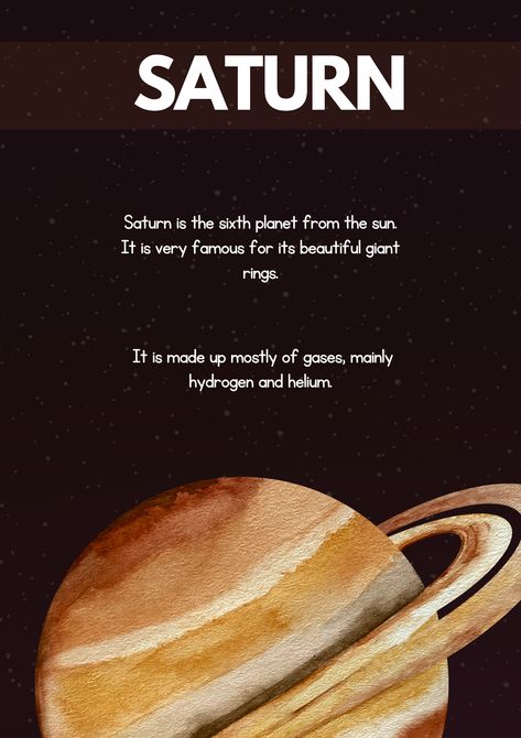 Saturn is the sixth planet from the sun Saturn Project For School, Saturn Meaning, Saturn Project, Facts About Saturn, Solar System Facts, Ringed Planet, Geography Notes, Nasa Solar System, Saturn Girl