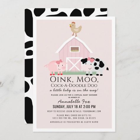 Farm Animals Barnyard Pink Virtual Baby Shower Invitation Barn Birthday Party, Girls Farm Birthday, Pink Girl Birthday, Farm Birthday Invitation, Virtual Baby Shower Invitation, Animal Birthday Invitation, Girl 1st Birthday, Farm Animal Birthday, Pink Baby Shower Invitations