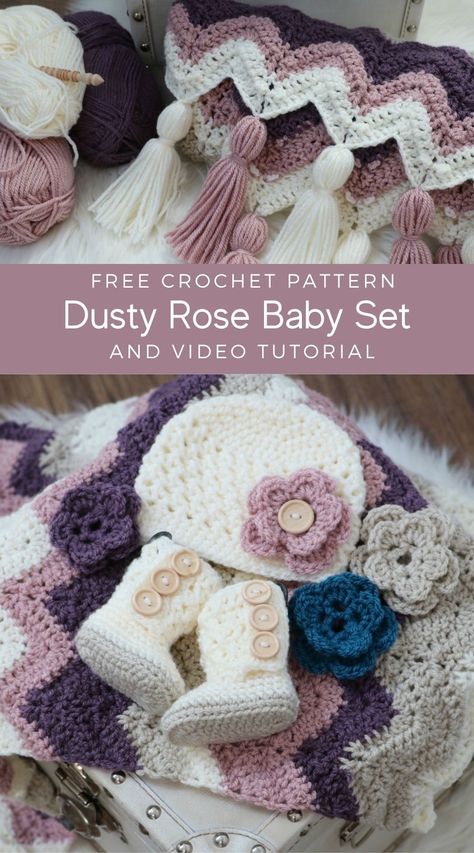 Free crochet pattern. Free crochet baby blanket pattern. Free crochet baby hat pattern. Free crochet baby booties pattern. Crochet flower hat. Crochet button up booties for baby. crochet wave stitch blanket. Crochet chevron stitch blanket Dusty Rose Crochet Blanket, Cute Crochet Baby Hats Free Pattern, Crochet Baby Flower Hat, Baby Layette Crochet Patterns Free, Crochet Baby Girl Hats Free Pattern, Free Baby Girl Crochet Patterns, Baby Girl Crochet Ideas, Crochet Baby Sets Free Pattern, Crochet Baby Girl Patterns