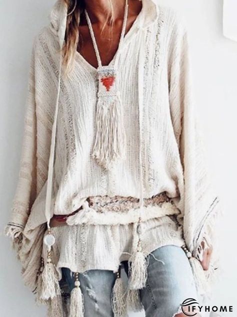 zolucky Long Sleeve Casual Cloak Casual Boho Style, Outfit Boho, Casual Blouses, Hippie Clothing, Cutout Blouse, Bohemian Tops, Boho Chic Outfits, Hooded Shirt, Women Blouses