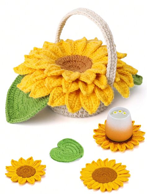 1set Sunflower Coaster Crochet Kit, Handmade Table Decor With Step-By-Step Instructions Multicolor    Polyester     Arts,Crafts & Sewing, size features are:Bust: ,Length: ,Sleeve Length: Crochet Coaster, Diy Yarn Crafts, Crochet Supplies, Yarn Thread, Kraf Diy, Knitting Supplies, Yarn Diy, Handmade Table, Crochet Diy