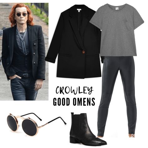 CROWLEY'S OUTFIT: LEGGINGS, T-SHIRT, BOOTIES, SUNGLASSES, BLAZER Crowley Style Good Omens, Crowley Outfit Season 2, Crowley Costume Female, Crowley Inspired Outfit Good Omens, Crowley Aesthetic Outfit, Good Omens Outfit Ideas, Crowley Good Omens Outfit, Aziraphale Outfit Ideas, Aziraphale Inspired Outfit