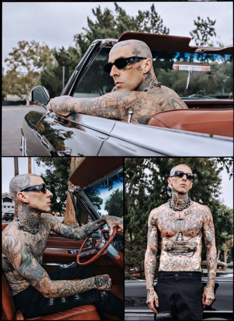 Travis Barker Mohawk, Travis Barker 90s, Travis Barker Tattoos, Famous People Celebrities, Fan Tattoo, Music Board, Travis Barker, Head Tattoos, Gothic Rock