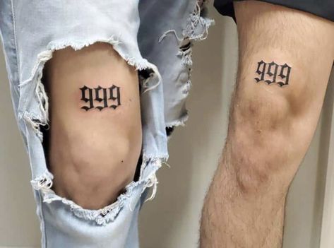 Matching Couple Tattoo, 999 Tattoo, Geometric Tattoo Leg, Thigh Tattoo Quotes, Couple Tattoo Ideas, Half Sleeve Tattoos Forearm, Best Couple Tattoos, Number Tattoos, Omerta Tattoo