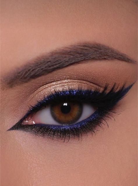 Make Up Looks For Dark Blue Dress, Navy Blue And Orange Eye Makeup, Navy Blue Dress Prom Makeup, Gold And Royal Blue Makeup, Navy And Gold Makeup Looks, Wedding Makeup With Blue Dress, Sapphire Eye Makeup, Royal Blue Homecoming Makeup, Blue Eye Shadow Ideas