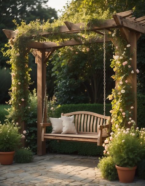 Pergola In Garden Ideas, Swings On Pergola, Arbor Landscaping Ideas, Arbor Bench Ideas, Grapes On Pergola, Outdoor Arbour Ideas, Wisteria On Pergola, Arbor Design Ideas, Whimsical Pergola