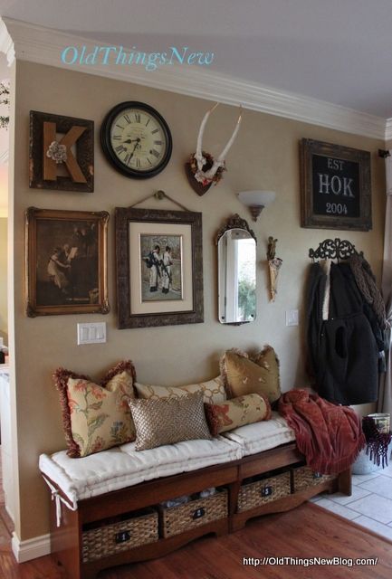 gallery wall Pic To Draw, Gallery Wall Clock, Gallery Wall Artwork, Deer Head Decor, Pottery Barn Black, Paint Pallet, Old Benches, Window Seats, Inside Decor