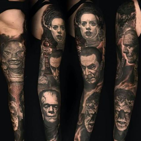 Nikko Hurtado #universalmonsters tattoo sleeve Movie Tattoo Sleeve, Universal Monsters Tattoo, Monsters Tattoo, Monster Tattoos, Dracula Tattoo, Horror Sleeve, Nikko Hurtado, Horror Movie Tattoos, Monster Tattoo